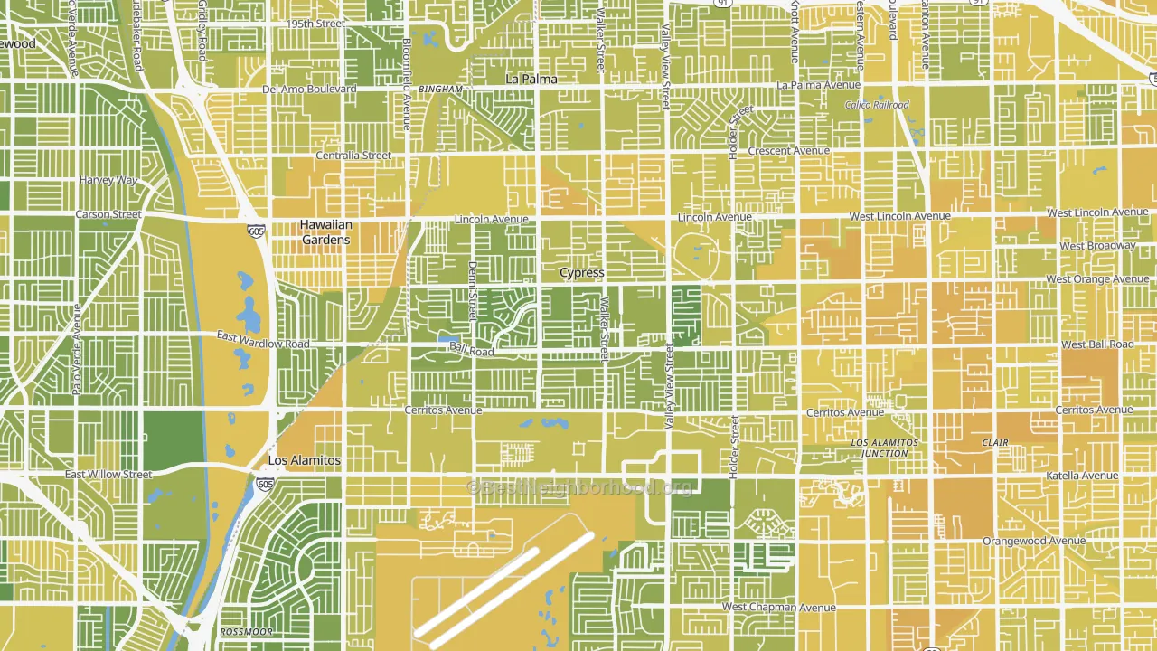 Map of the best neighborhoods in the Cypress area, with better matches in green and worse matches in red