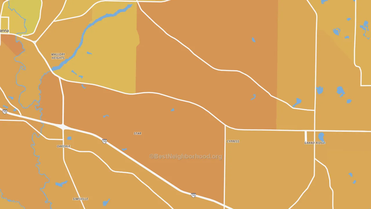 Map of the best neighborhoods in the Cypress area, with better matches in green and worse matches in red