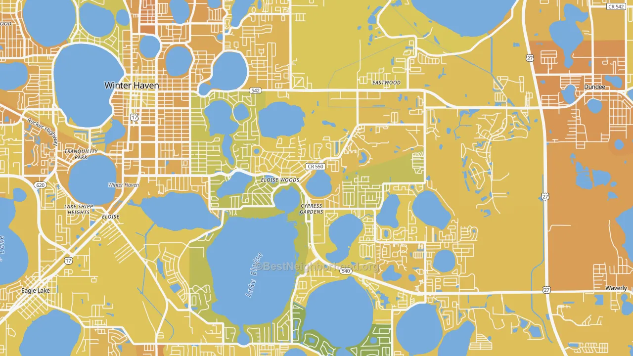 Map of the best neighborhoods in the Cypress Gardens area, with better matches in green and worse matches in red