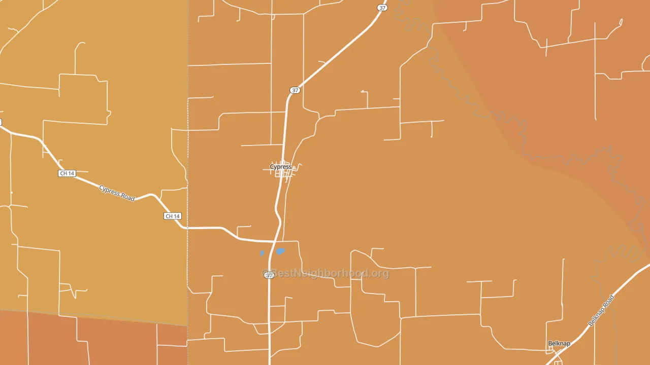 Map of the best neighborhoods in the Cypress area, with better matches in green and worse matches in red
