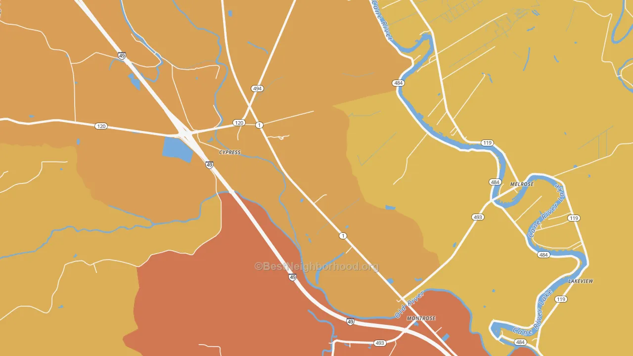 Map of the best neighborhoods in the Cypress area, with better matches in green and worse matches in red