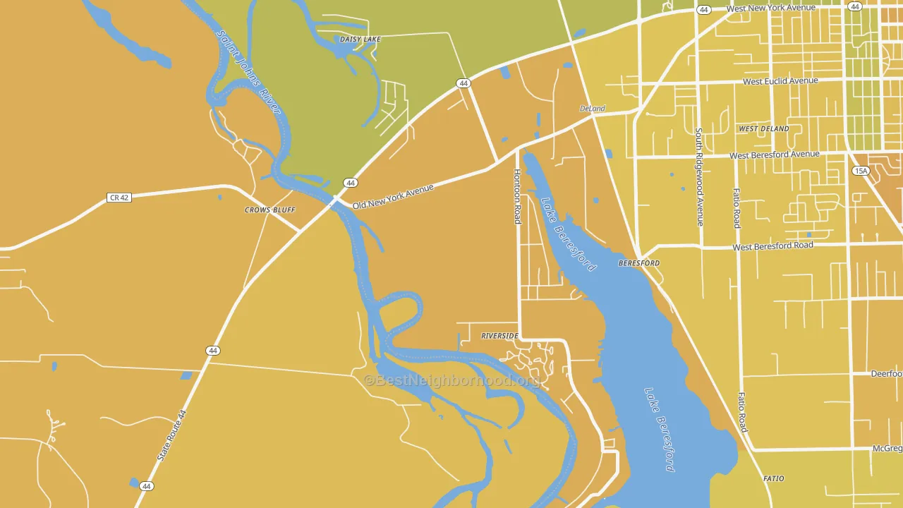Map of the best neighborhoods in the Cypress Lake Estates area, with better matches in green and worse matches in red