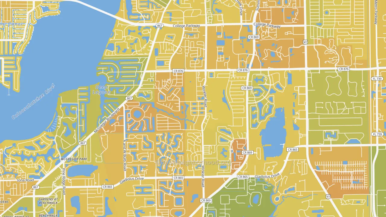 Map of the best neighborhoods in the Cypress Lake area, with better matches in green and worse matches in red