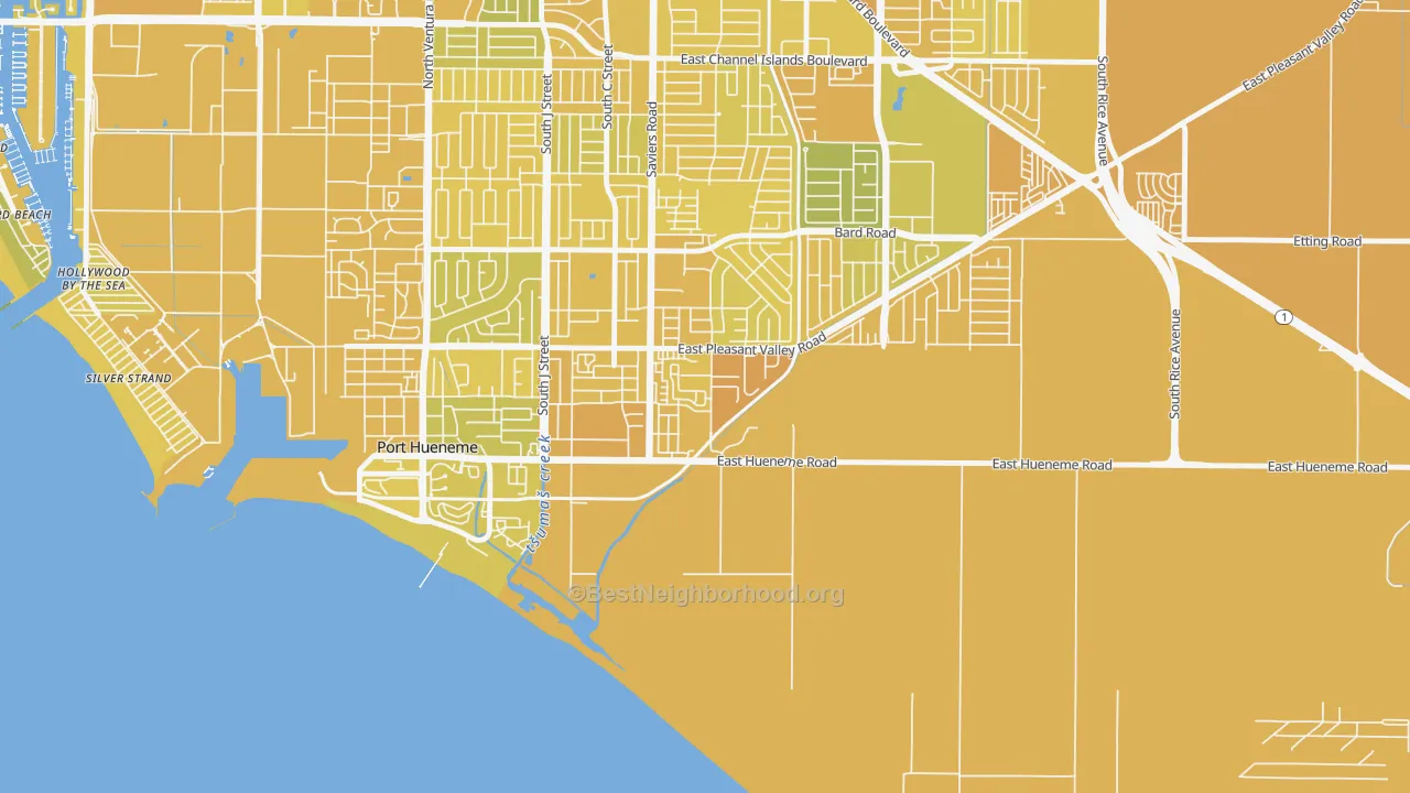 Map of the best neighborhoods in the Cypress, Oxnard area, with better matches in green and worse matches in red