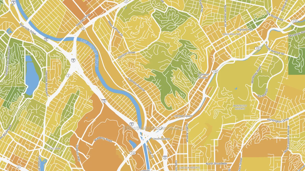 Map of the best neighborhoods in the Cypress Park, Los Angeles area, with better matches in green and worse matches in red