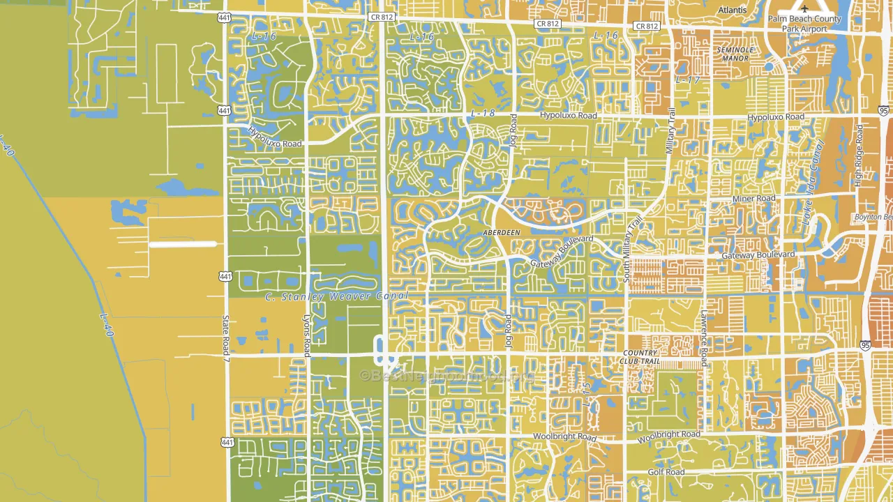 Map of the best neighborhoods in the Cypress Quarters area, with better matches in green and worse matches in red