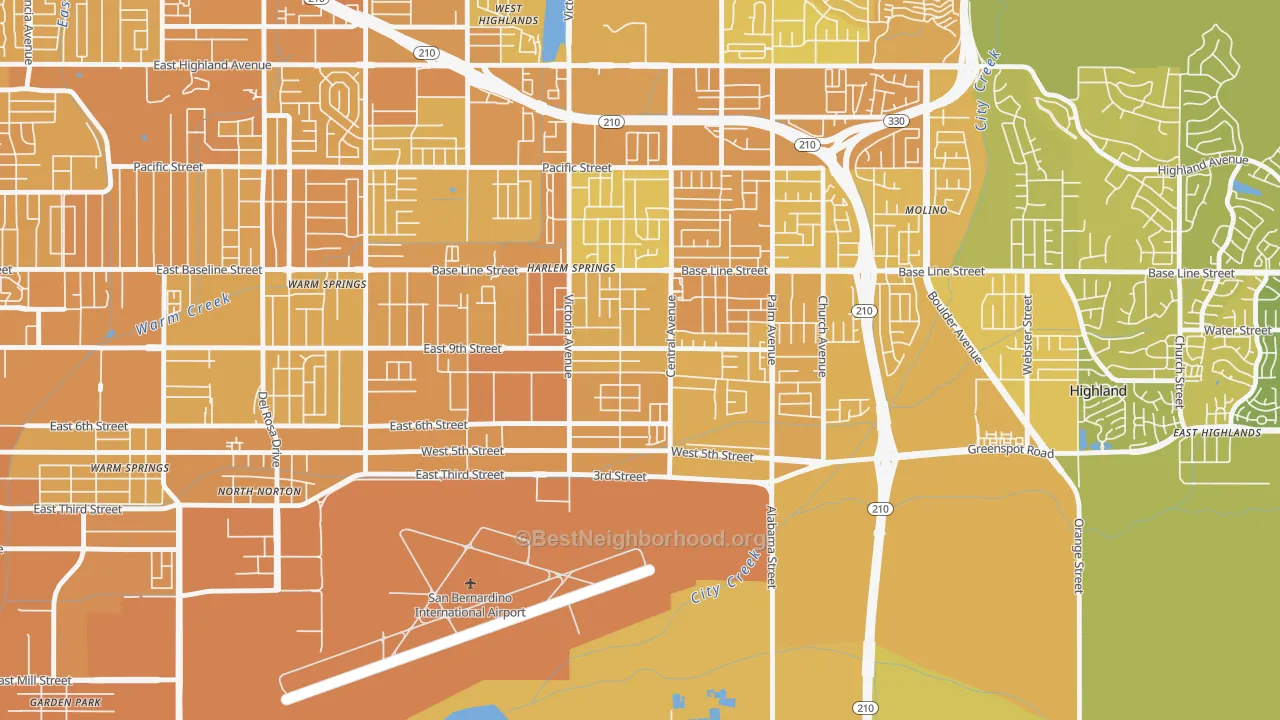 Map of the best neighborhoods in the Cypress-Riverside, Highland area, with better matches in green and worse matches in red