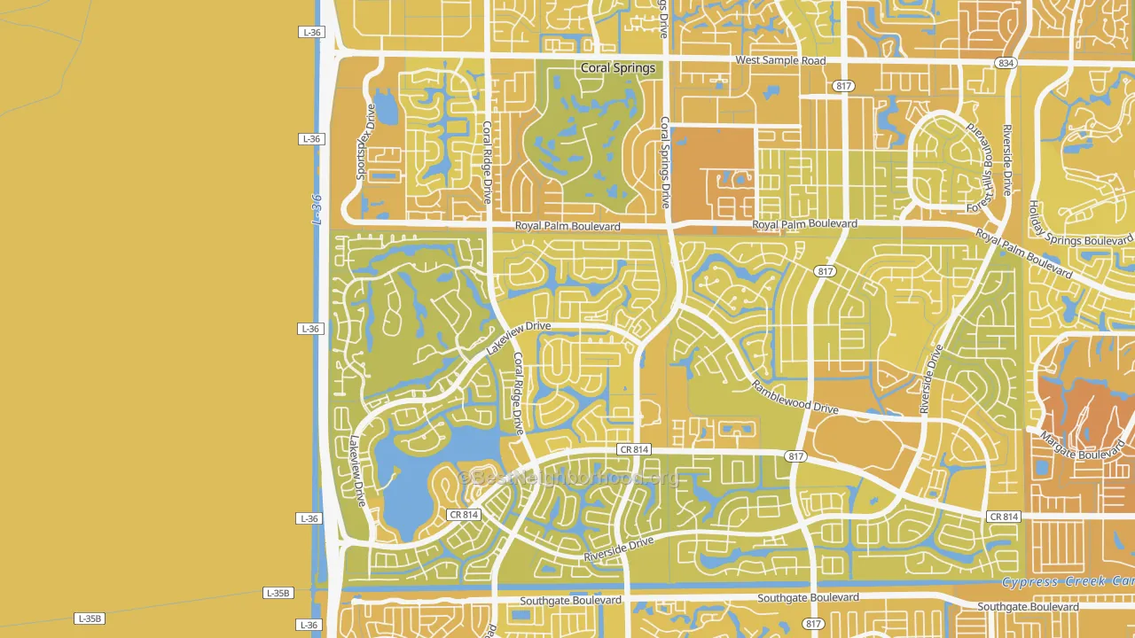 Map of the best neighborhoods in the Cypress Run, Coral Springs area, with better matches in green and worse matches in red