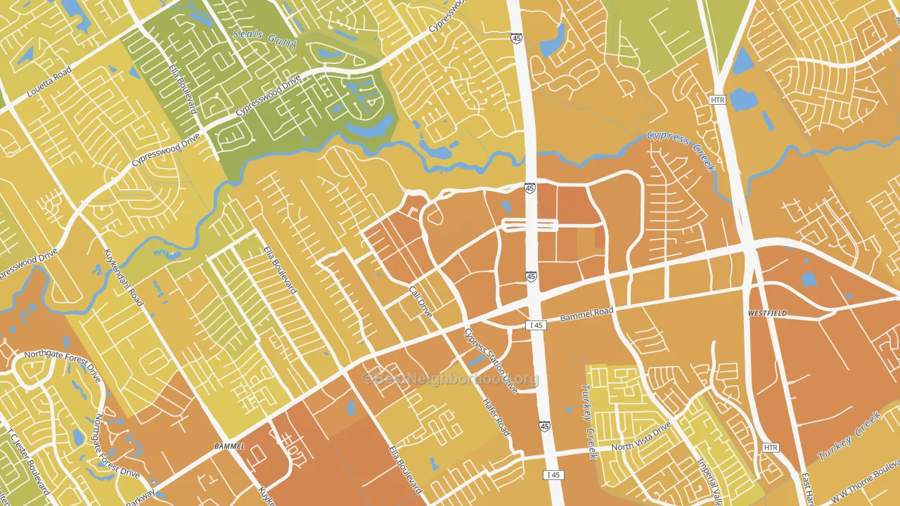 Map of the best neighborhoods in the Cypress Station, Houston area, with better matches in green and worse matches in red