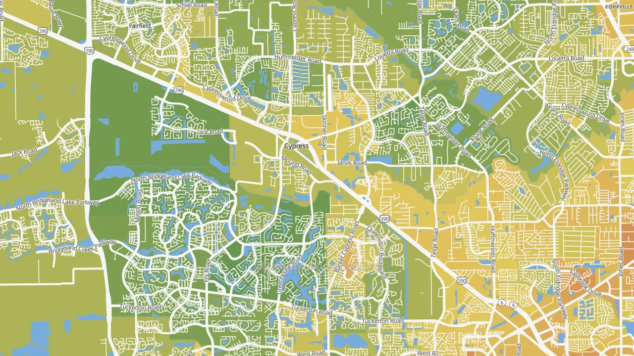 Map of the best neighborhoods in the Cypress area, with better matches in green and worse matches in red