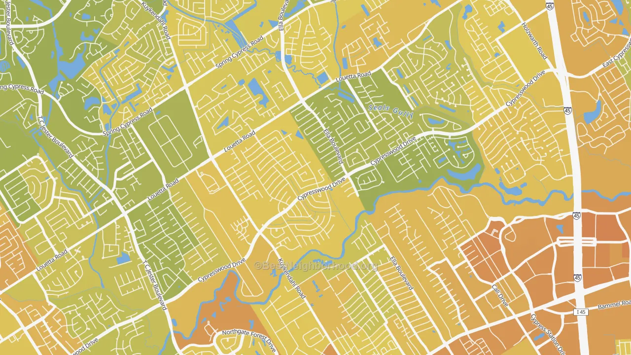 Map of the best neighborhoods in the Cypresswood, Spring area, with better matches in green and worse matches in red