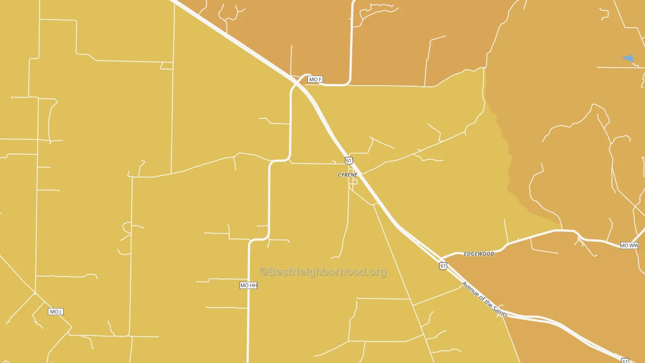 Map of the best neighborhoods in the Cyrene area, with better matches in green and worse matches in red