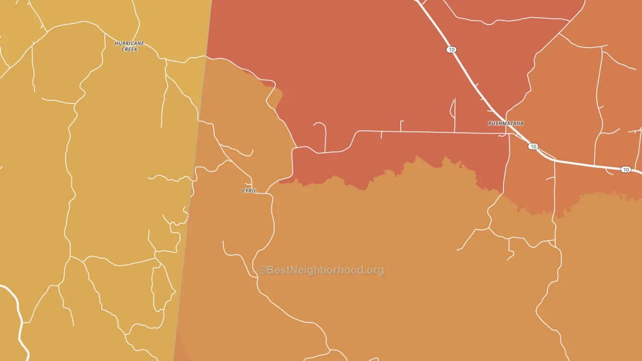 Map of the best neighborhoods in the Cyril area, with better matches in green and worse matches in red