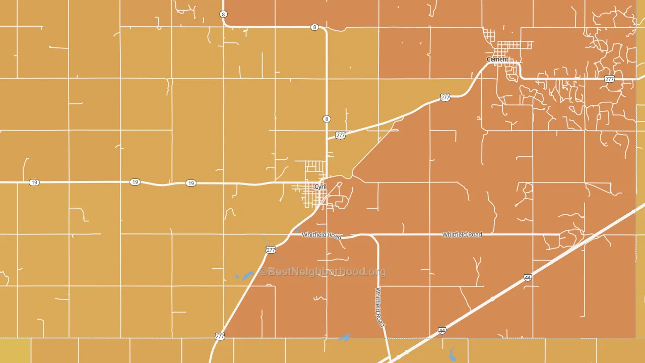 Map of the best neighborhoods in the Cyril area, with better matches in green and worse matches in red