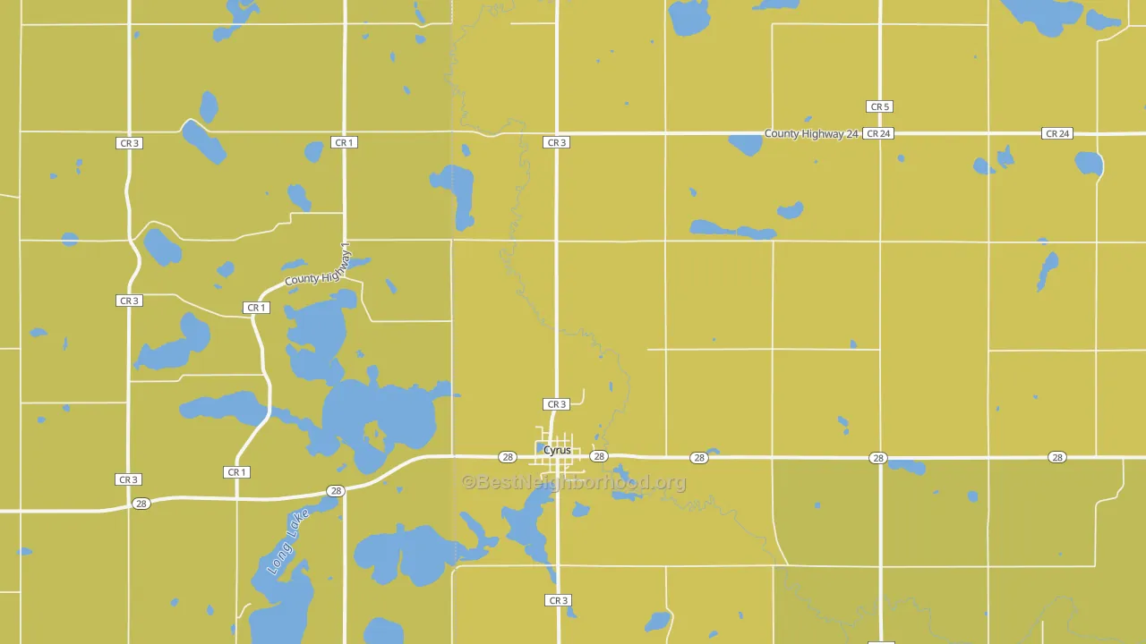Map of the best neighborhoods in the Cyrus area, with better matches in green and worse matches in red