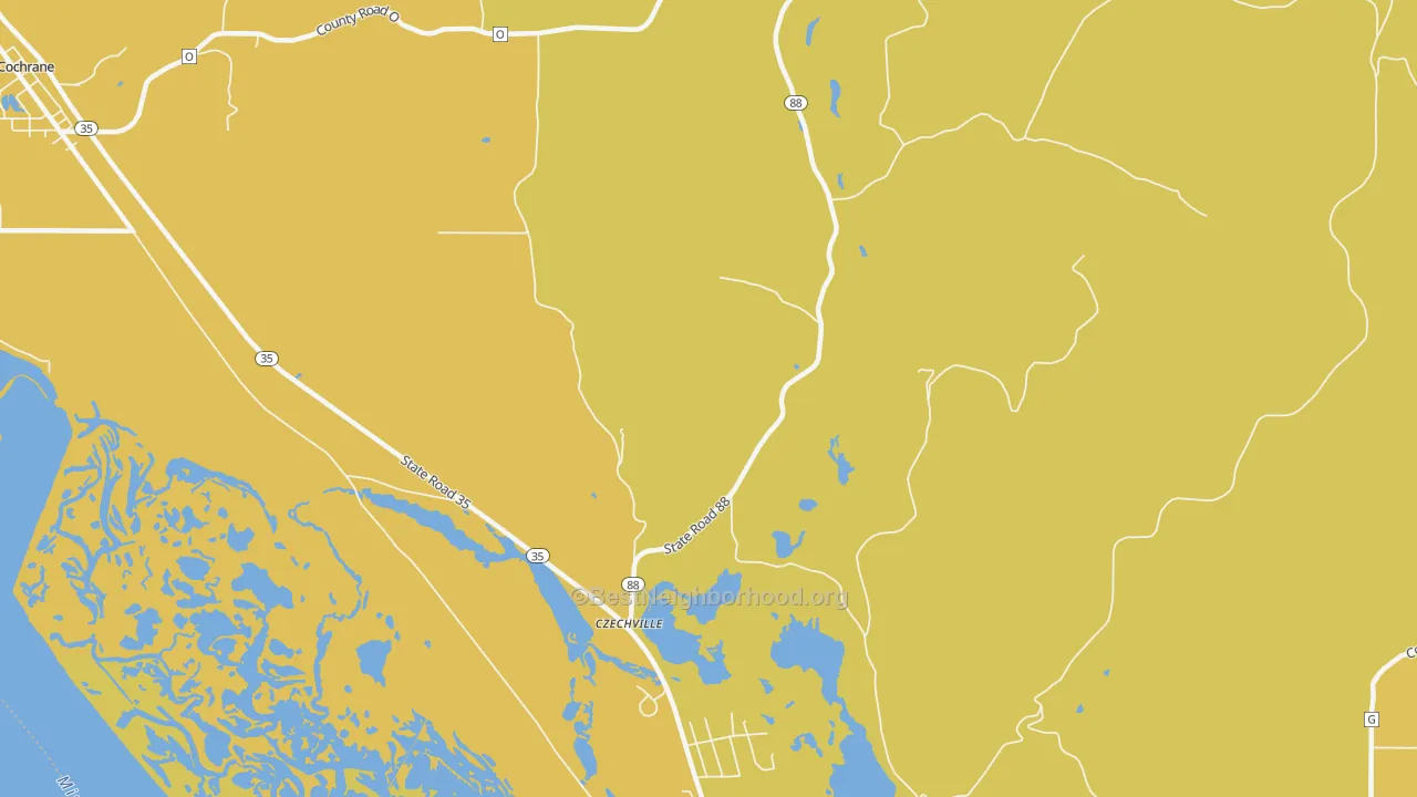 Map of the best neighborhoods in the Czechville area, with better matches in green and worse matches in red