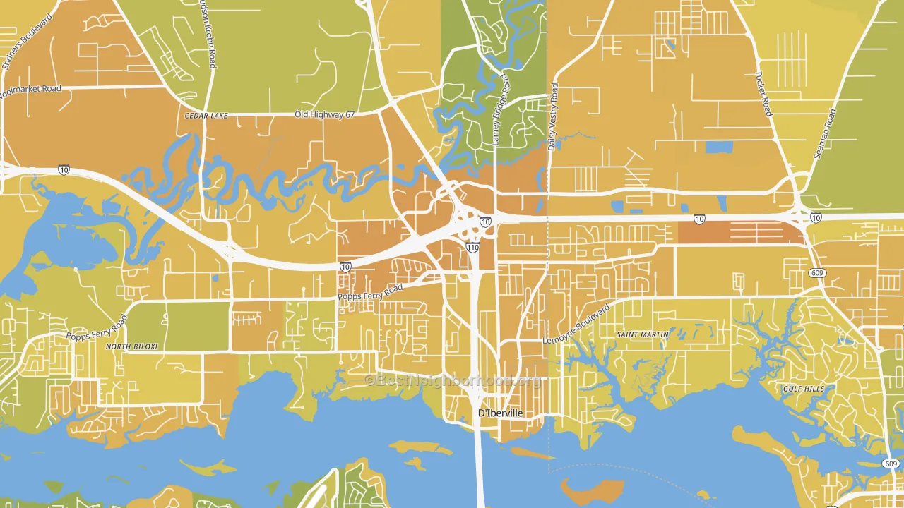 Map of the best neighborhoods in the D'Iberville area, with better matches in green and worse matches in red