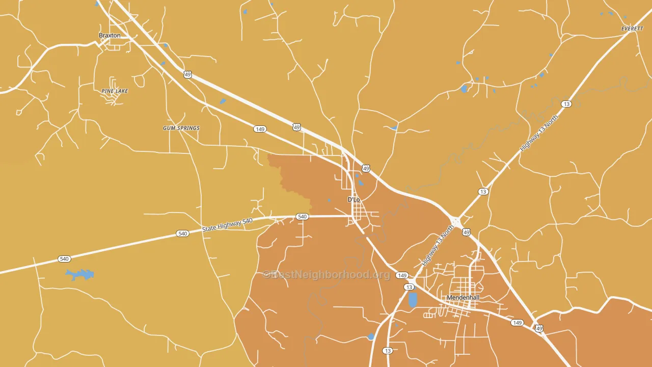 Map of the best neighborhoods in the D'Lo area, with better matches in green and worse matches in red