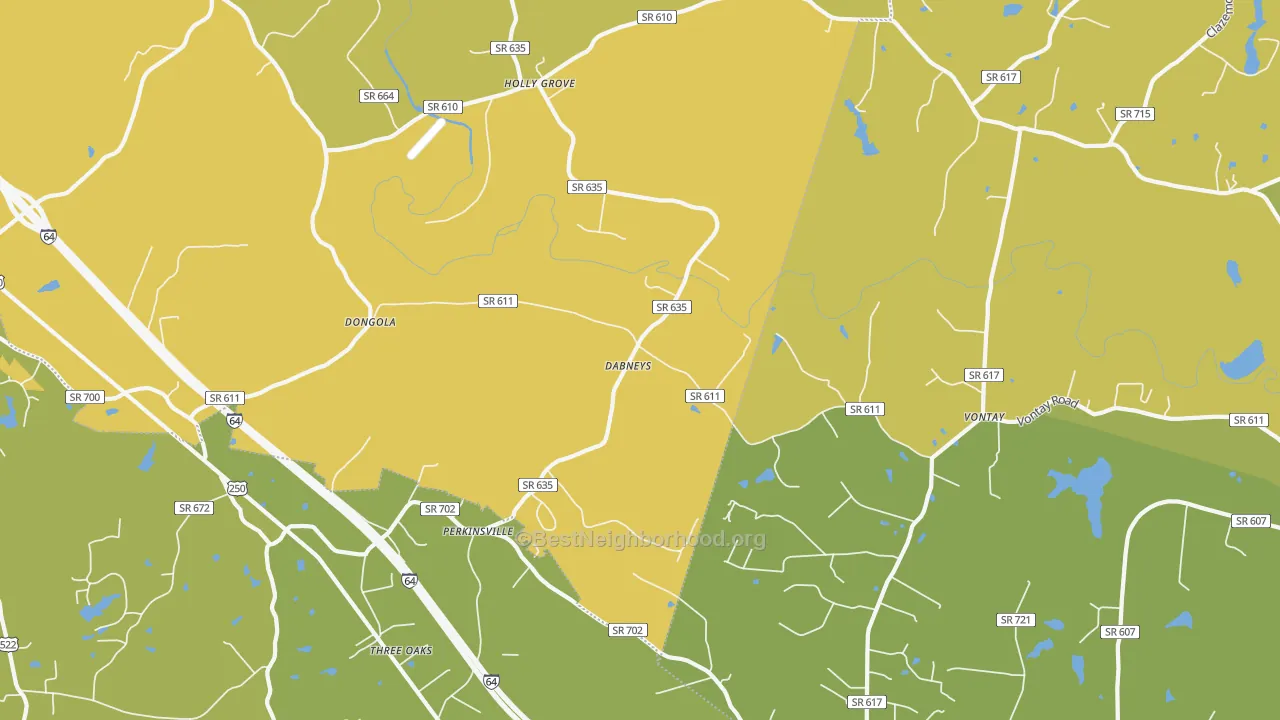 Map of the best neighborhoods in the Dabneys area, with better matches in green and worse matches in red