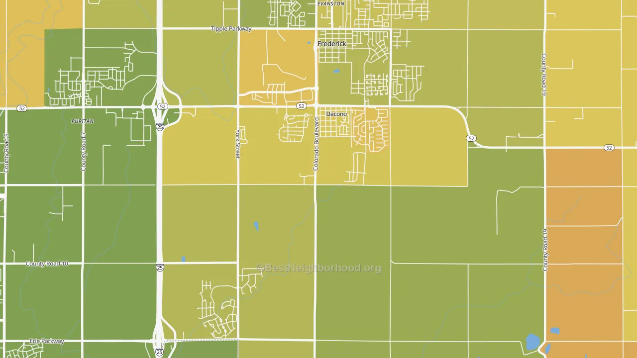 Map of the best neighborhoods in the Dacono area, with better matches in green and worse matches in red