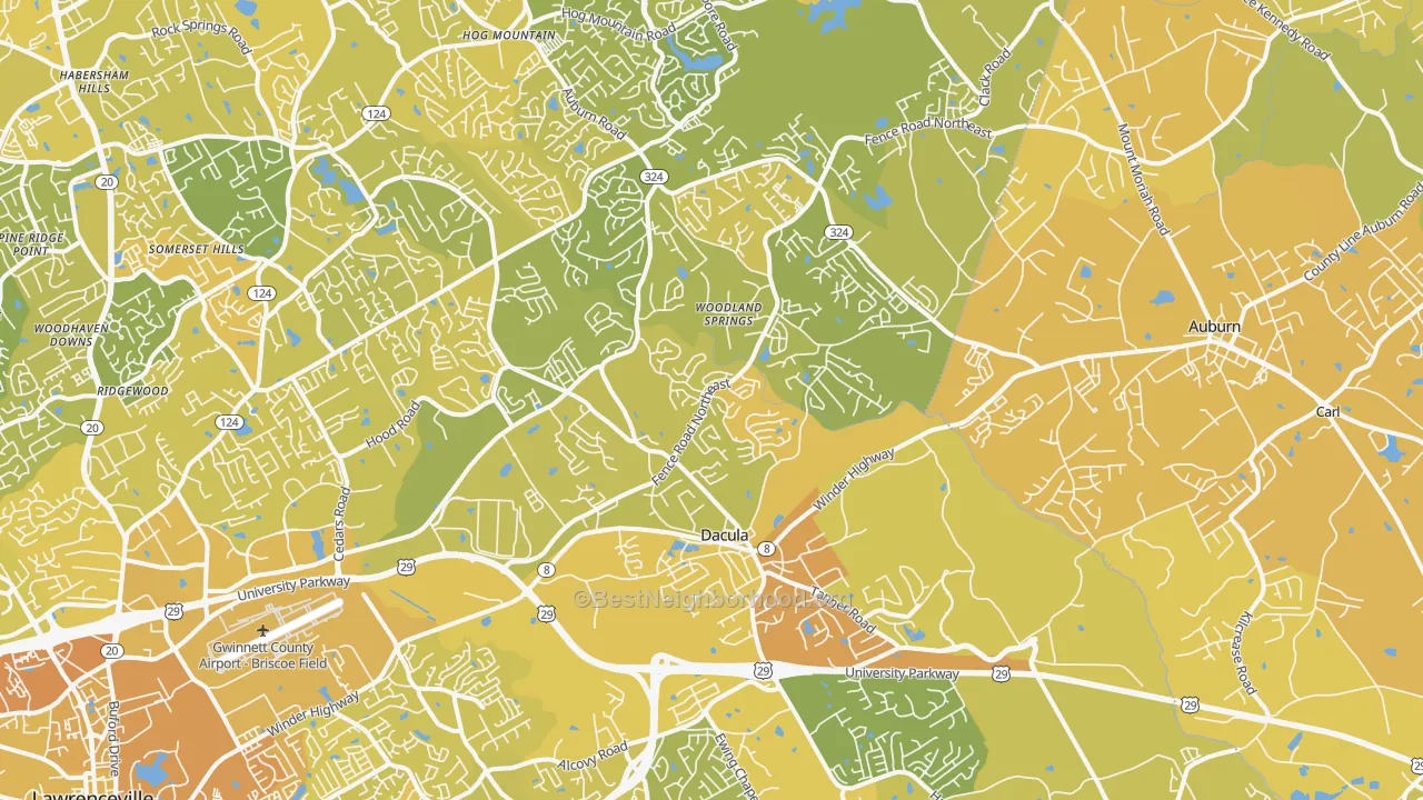 Map of the best neighborhoods in the Dacula area, with better matches in green and worse matches in red