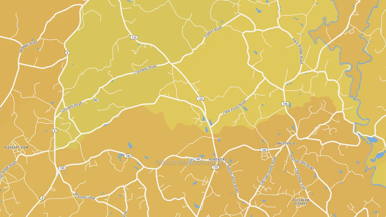 Map of the best neighborhoods in the Dacusville area, with better matches in green and worse matches in red