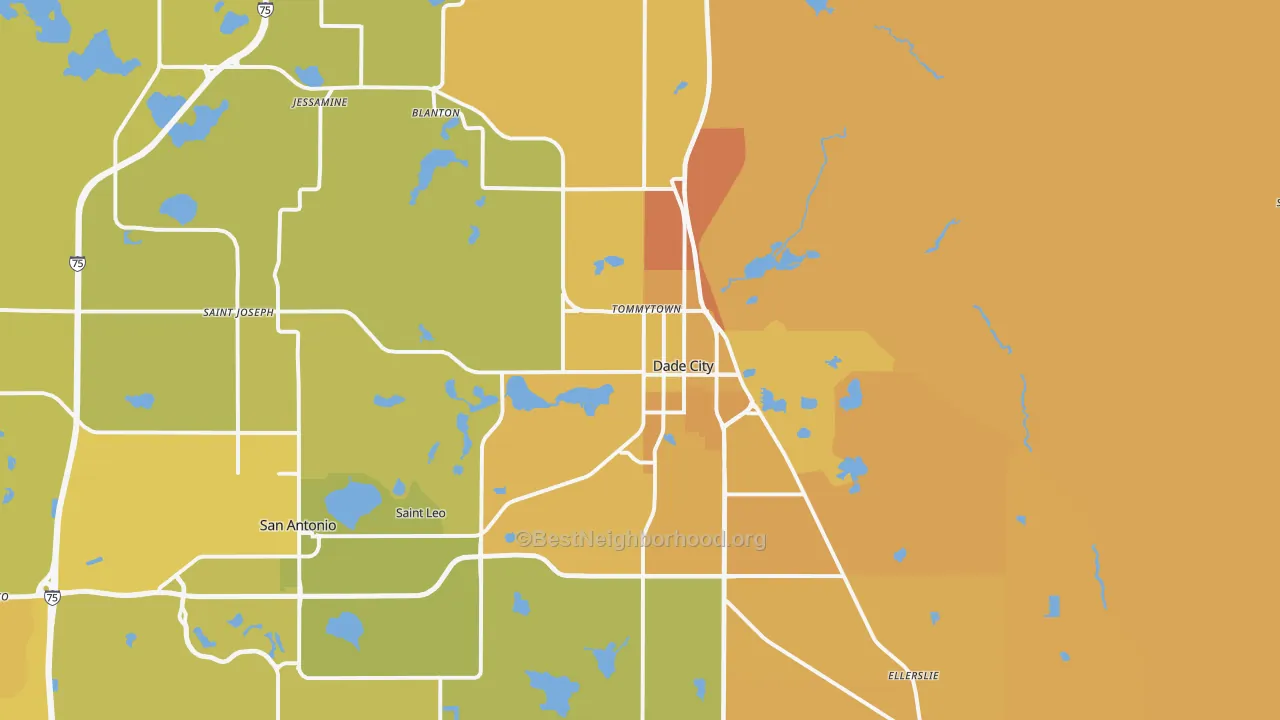 Map of the best neighborhoods in the Dade City area, with better matches in green and worse matches in red