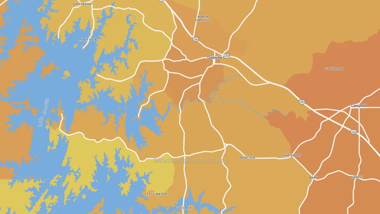 Map of the best neighborhoods in the Dadeville area, with better matches in green and worse matches in red
