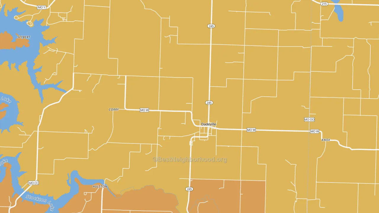 Map of the best neighborhoods in the Dadeville area, with better matches in green and worse matches in red