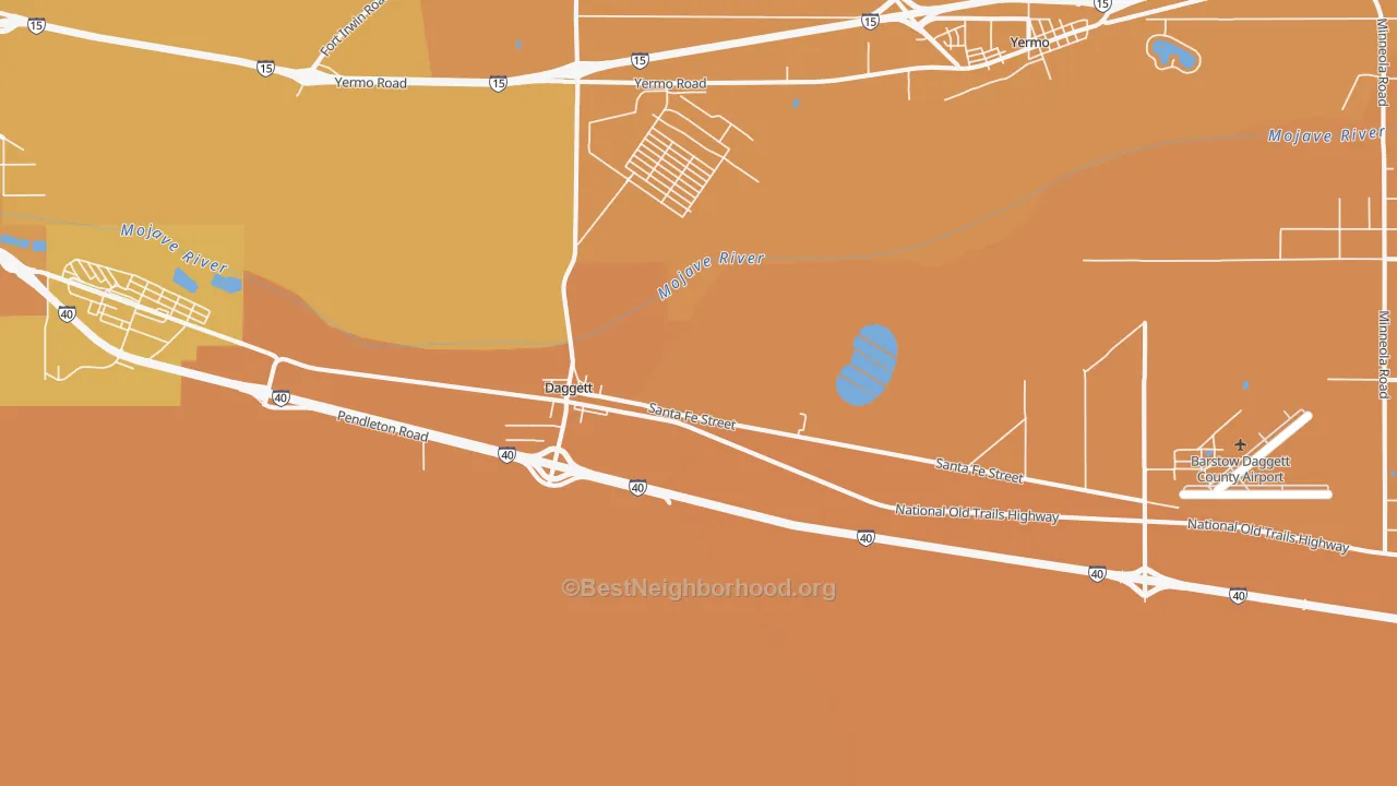 Map of the best neighborhoods in the Daggett area, with better matches in green and worse matches in red