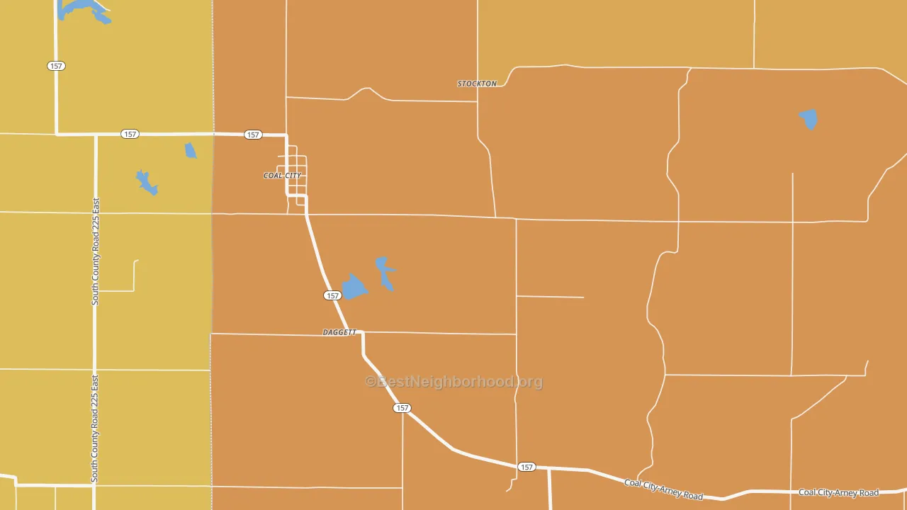 Map of the best neighborhoods in the Daggett area, with better matches in green and worse matches in red