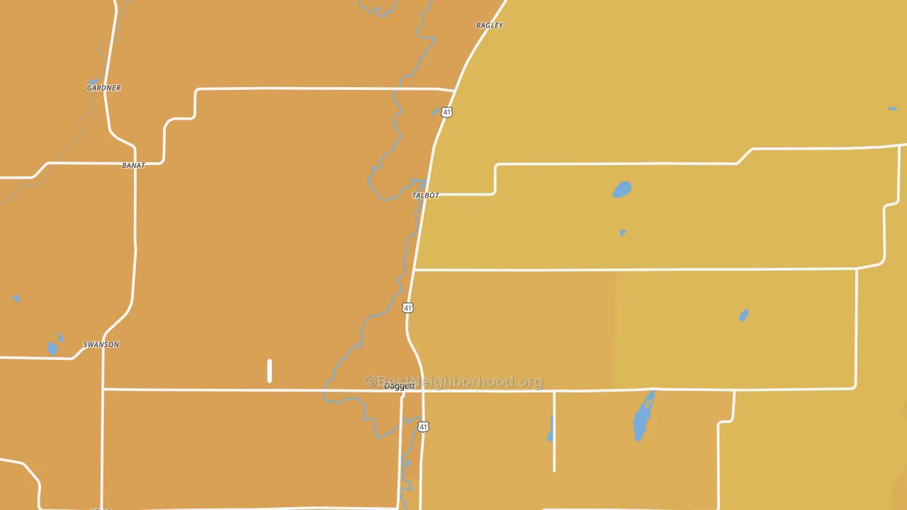 Map of the best neighborhoods in the Daggett area, with better matches in green and worse matches in red
