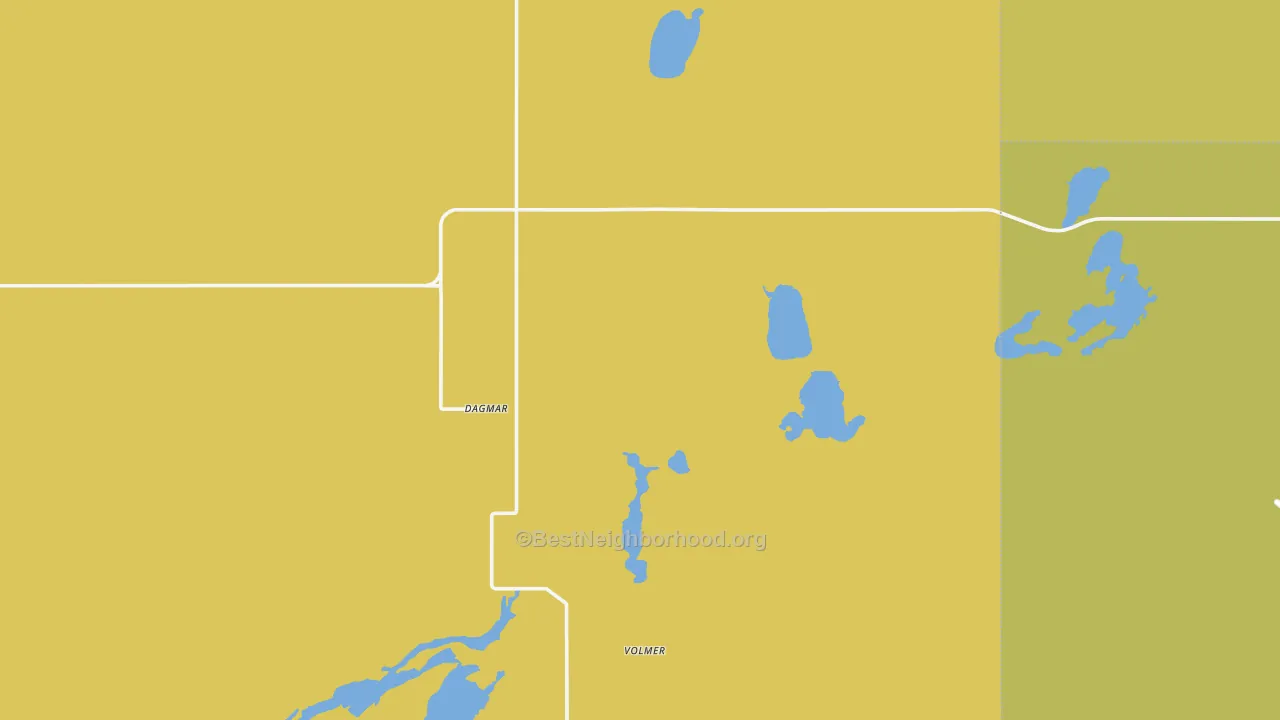 Map of the best neighborhoods in the Dagmar area, with better matches in green and worse matches in red