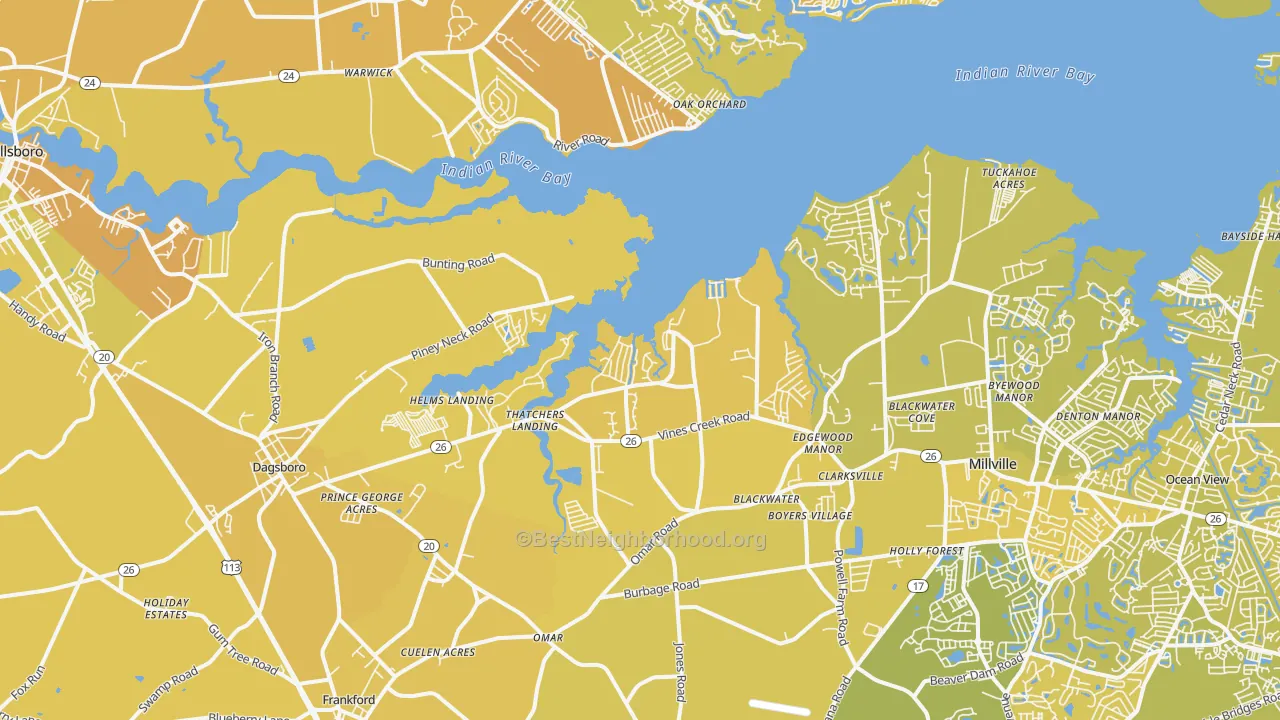 Map of the best neighborhoods in the Dagsboro area, with better matches in green and worse matches in red