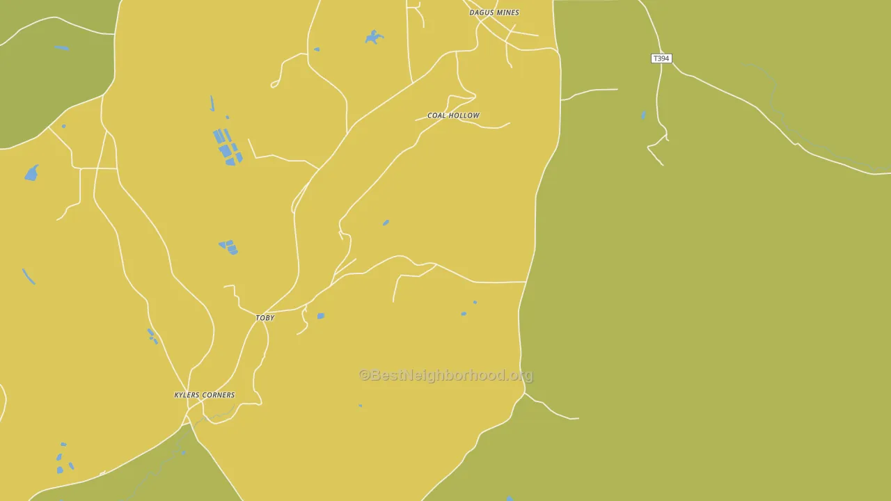 Map of the best neighborhoods in the Dagus Mines area, with better matches in green and worse matches in red