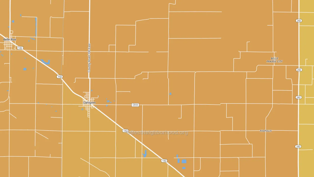 Map of the best neighborhoods in the Dahlgren area, with better matches in green and worse matches in red