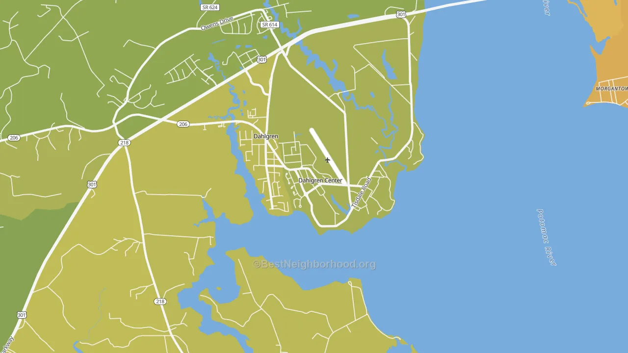 Map of the best neighborhoods in the Dahlgren area, with better matches in green and worse matches in red