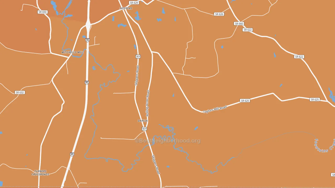 Map of the best neighborhoods in the Dahlia area, with better matches in green and worse matches in red