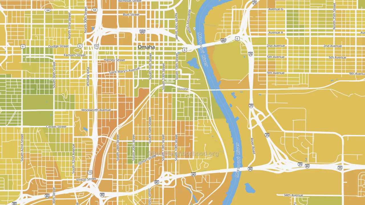 Map of the best neighborhoods in the Dahlman, Omaha area, with better matches in green and worse matches in red