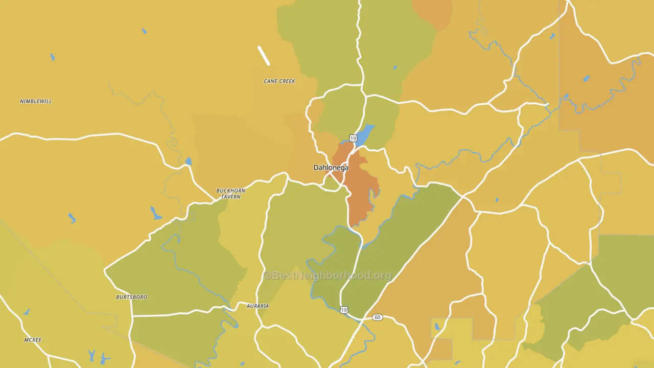 Map of the best neighborhoods in the Dahlonega area, with better matches in green and worse matches in red