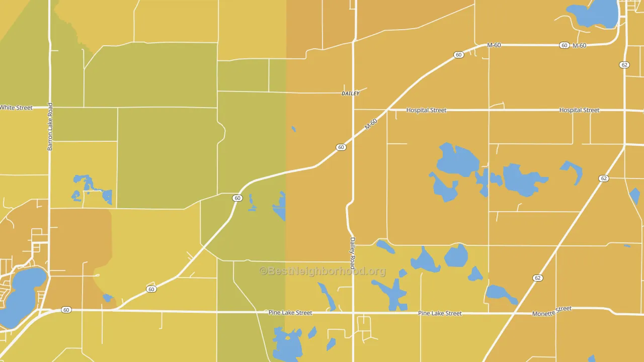 Map of the best neighborhoods in the Dailey area, with better matches in green and worse matches in red
