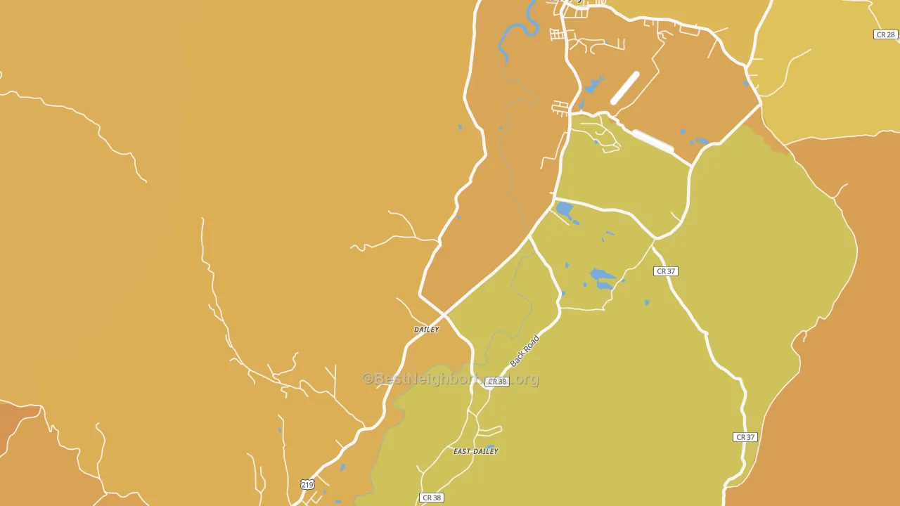 Map of the best neighborhoods in the Dailey area, with better matches in green and worse matches in red