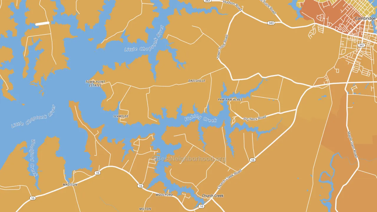 Map of the best neighborhoods in the Dailsville area, with better matches in green and worse matches in red