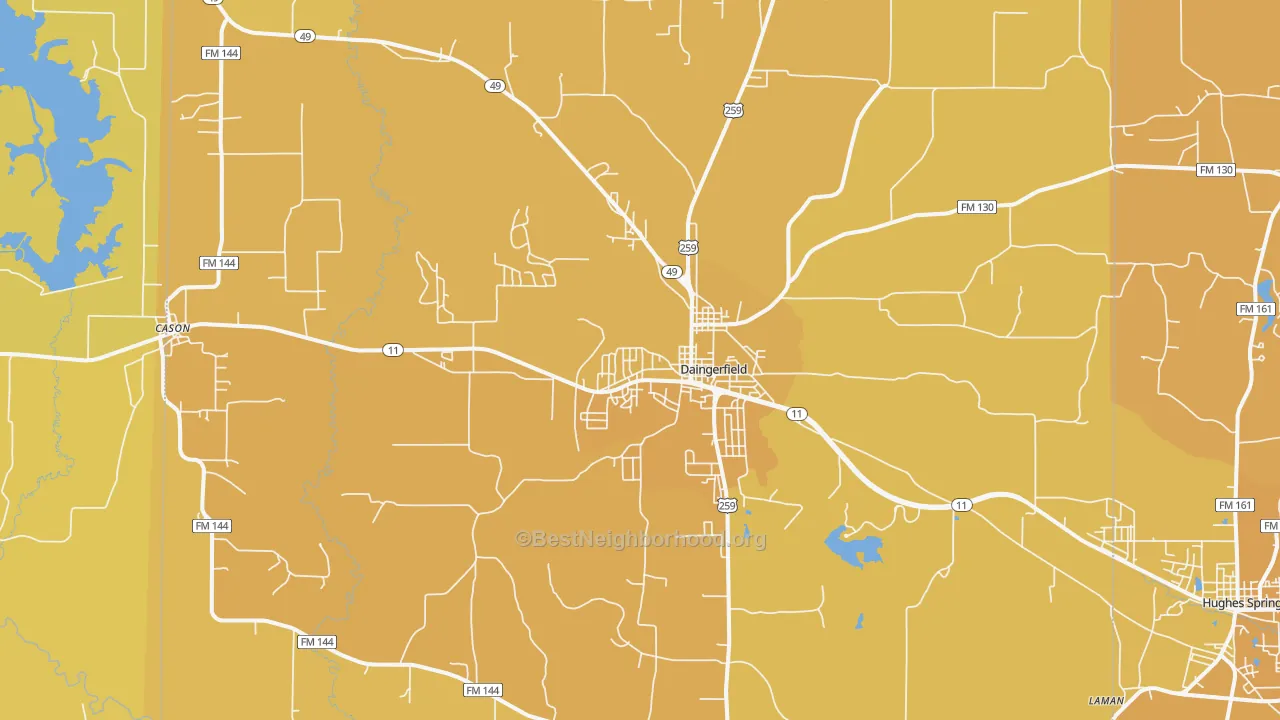 Map of the best neighborhoods in the Daingerfield area, with better matches in green and worse matches in red