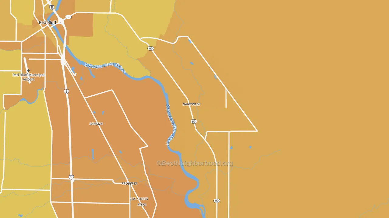 Map of the best neighborhoods in the Dairyville area, with better matches in green and worse matches in red