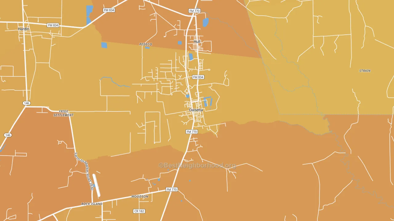 Map of the best neighborhoods in the Daisetta area, with better matches in green and worse matches in red