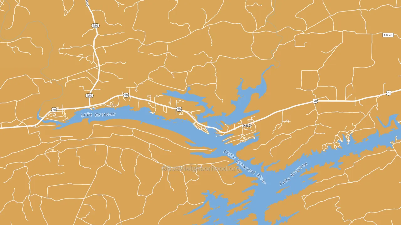 Map of the best neighborhoods in the Daisy area, with better matches in green and worse matches in red