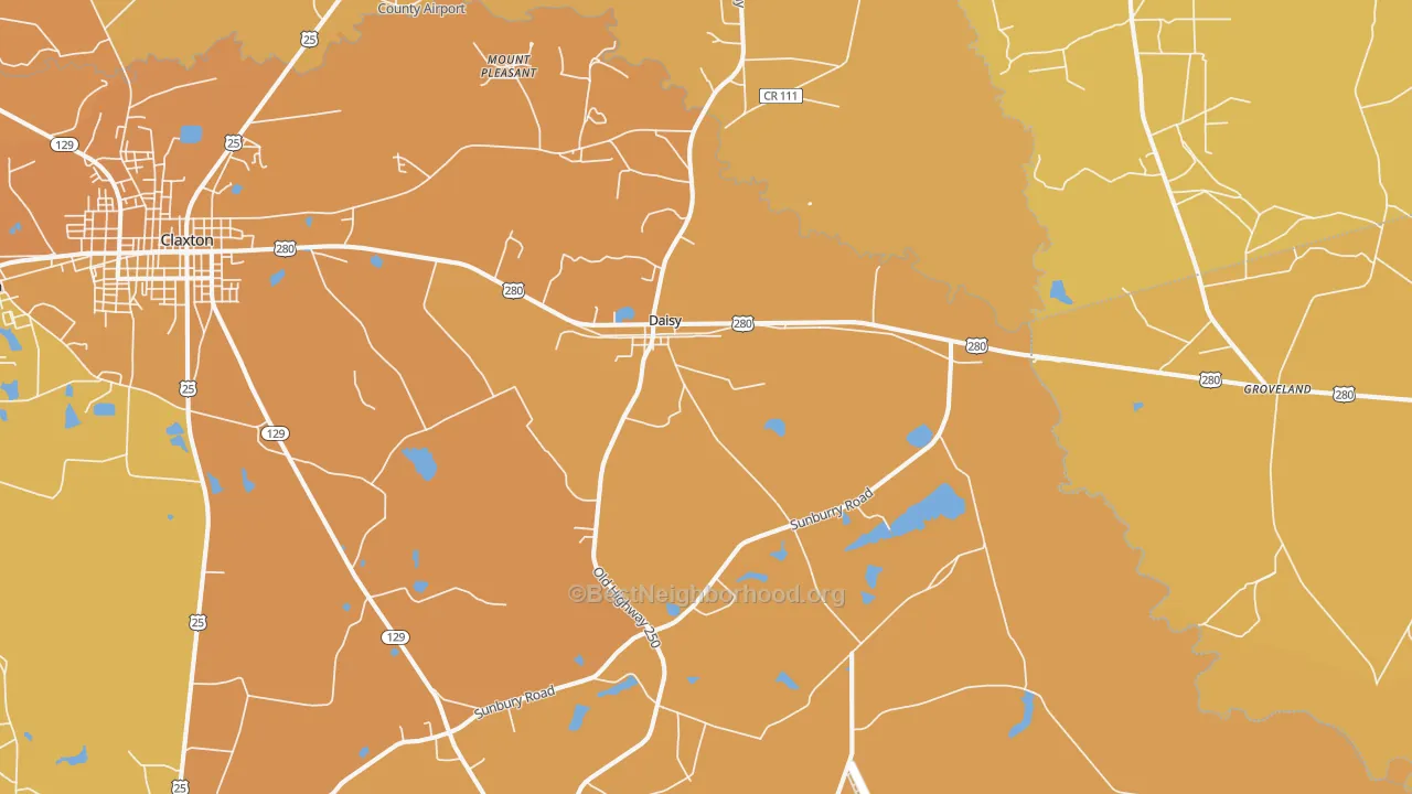 Map of the best neighborhoods in the Daisy area, with better matches in green and worse matches in red