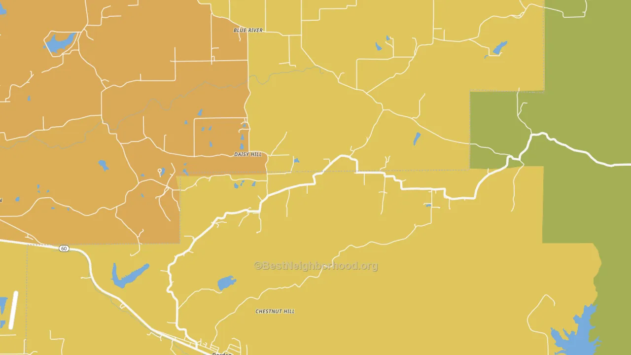 Map of the best neighborhoods in the Daisy Hill area, with better matches in green and worse matches in red