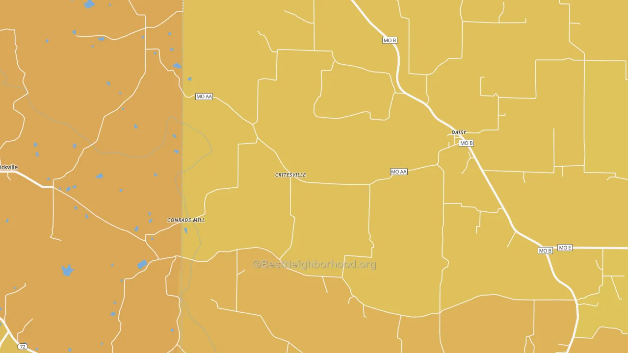 Map of the best neighborhoods in the Daisy area, with better matches in green and worse matches in red